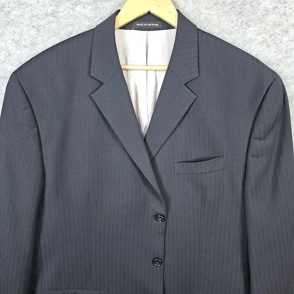 Michael Kors Men's Blazer Navy Blue Pinstriped Size 46L 100% Wool 3-Button Front